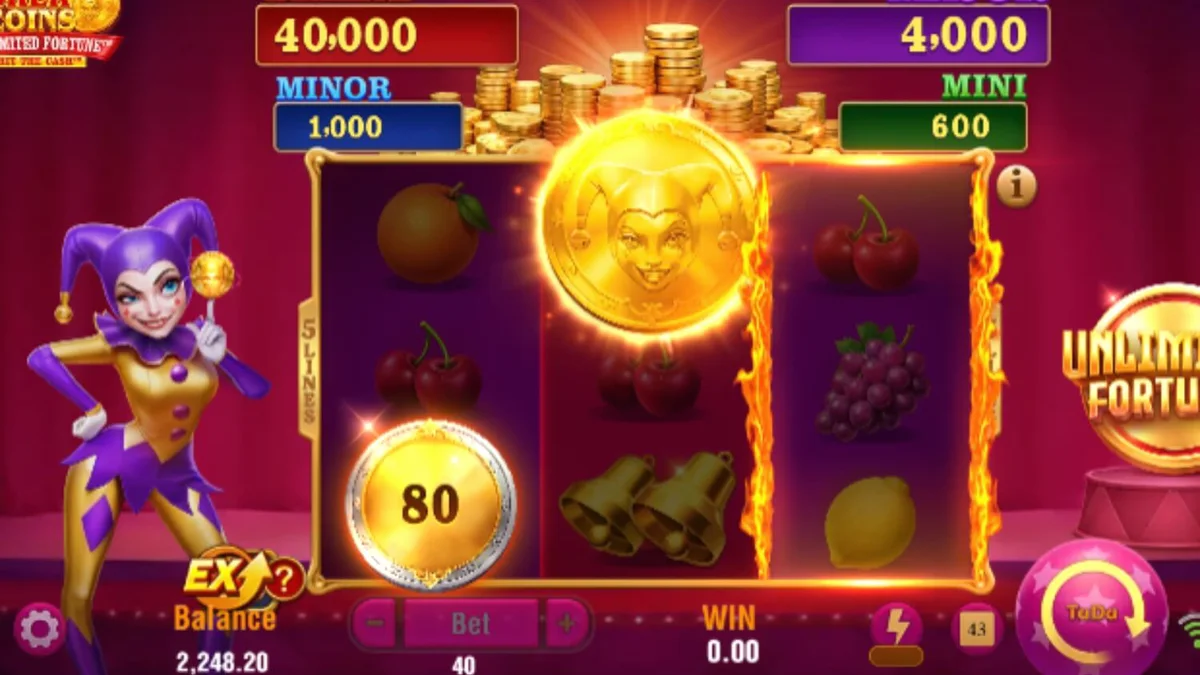 Joker Coins Unlimited Fortune slot machine interface na may neon fruit symbols.